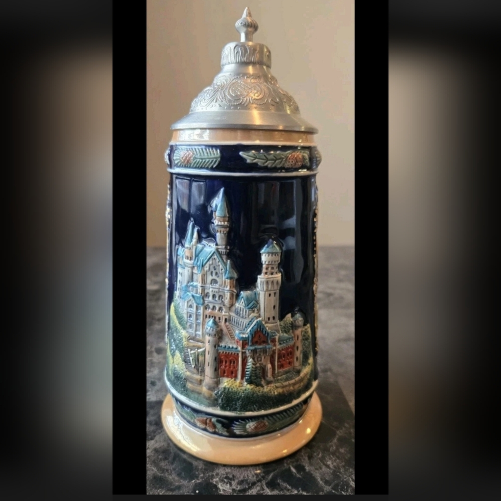Ceramic Beer Stein with Castle Designed By Present German Blue and Silver